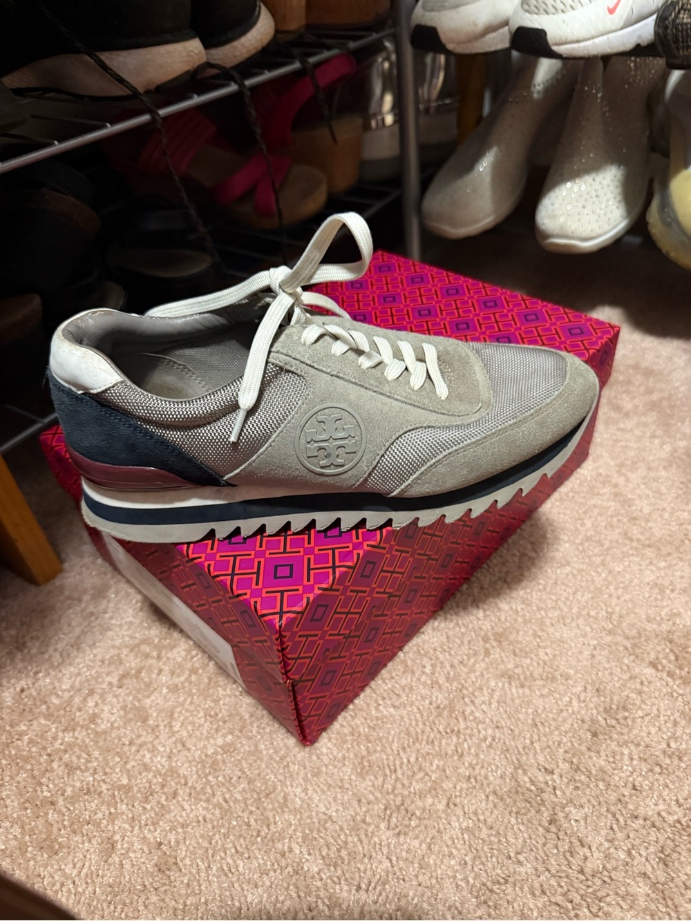 Tory Burch Light Gray Suede Mesh Sneaker with Navy & Burgundy Accents